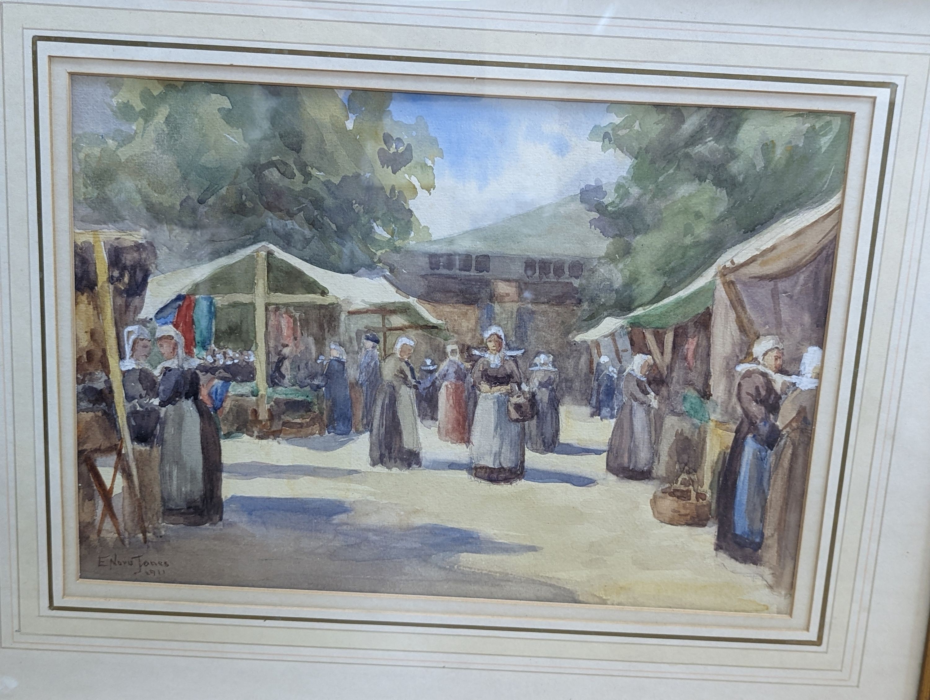 J. Piggott, watercolour, 'Epsom Downs, Evening 1901', 29 x 46cm and an E. Nora Jones, watercolour, Belgian market, dated 1911, 24 x 35cm